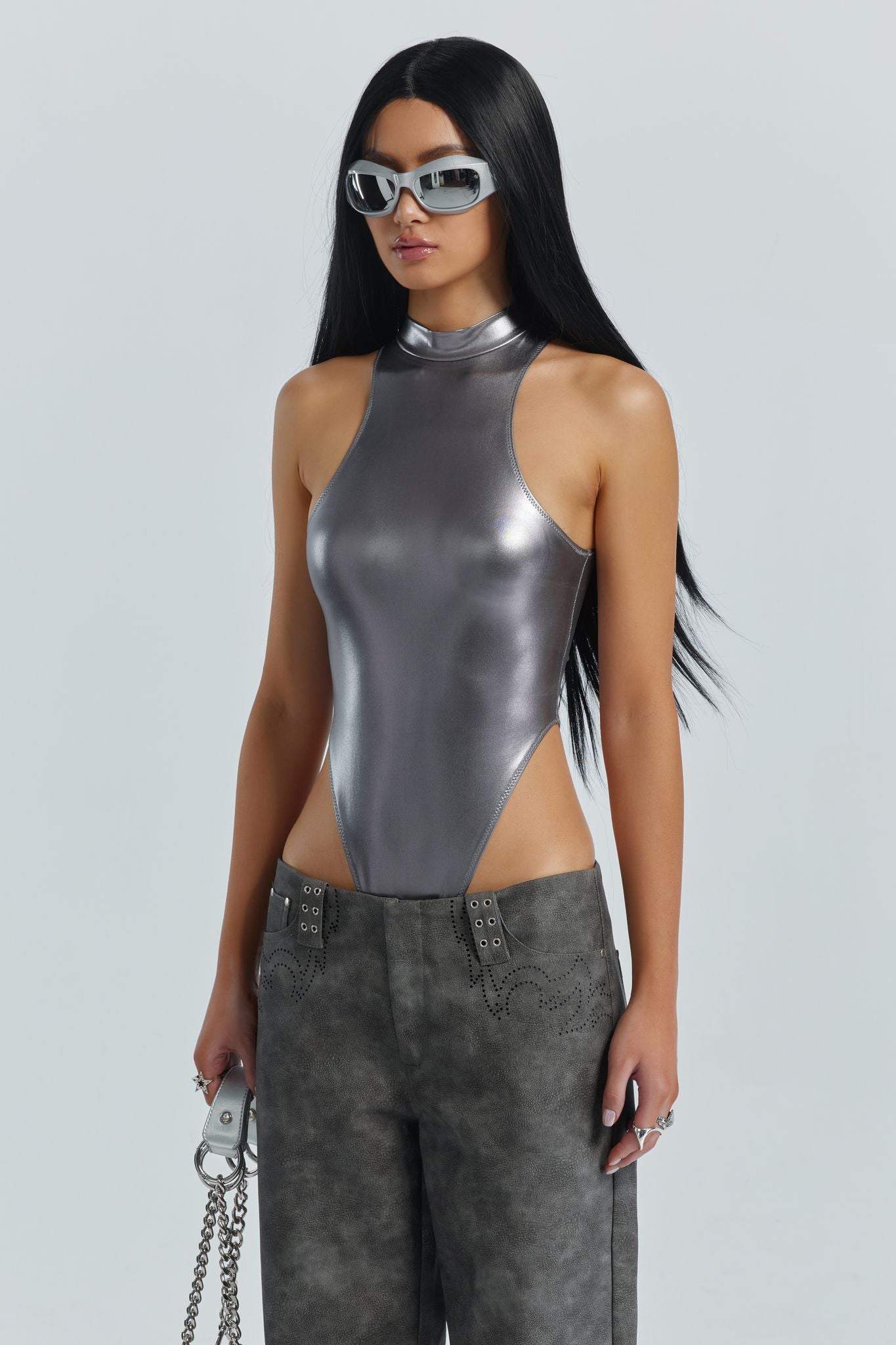 Neev Oil Slick Underwire & Seamed Bodysuit in Silver Grey